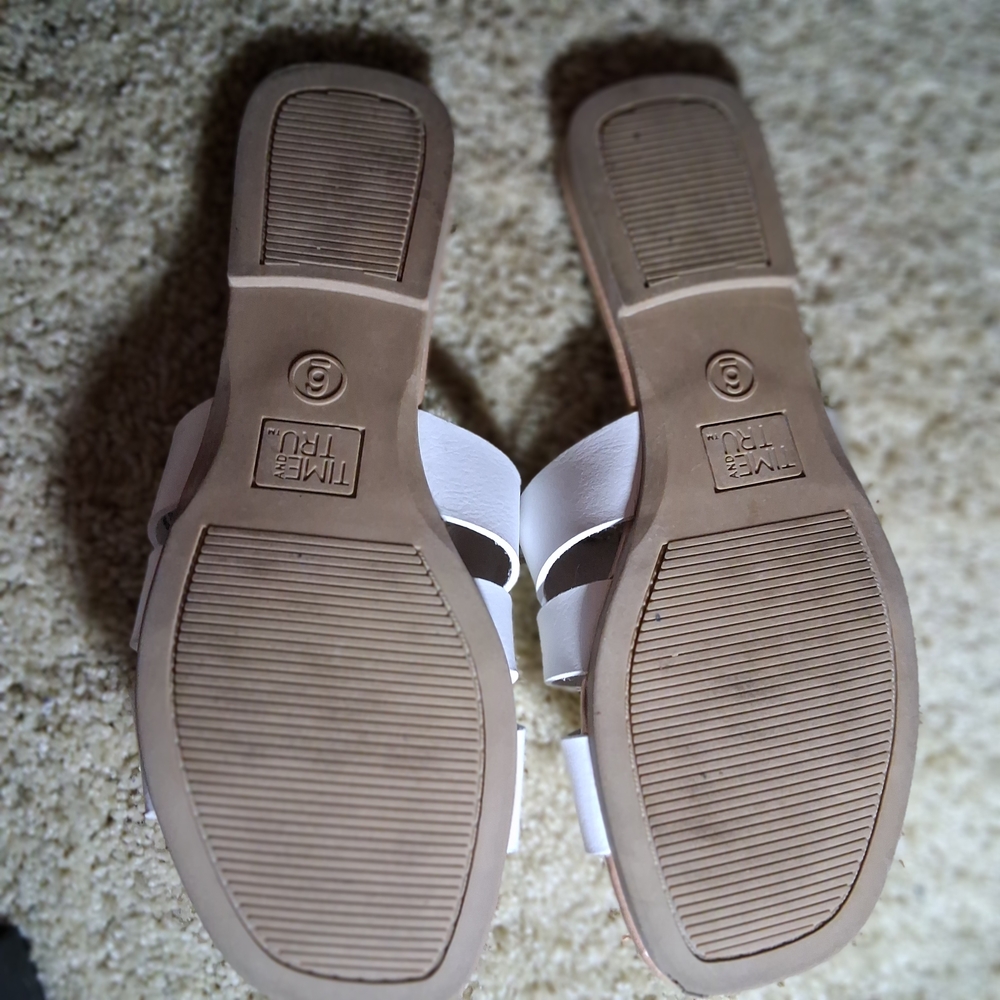 Time and Tru Women's White Slide Sandals with Gold Buckle - Picture 3 of 4